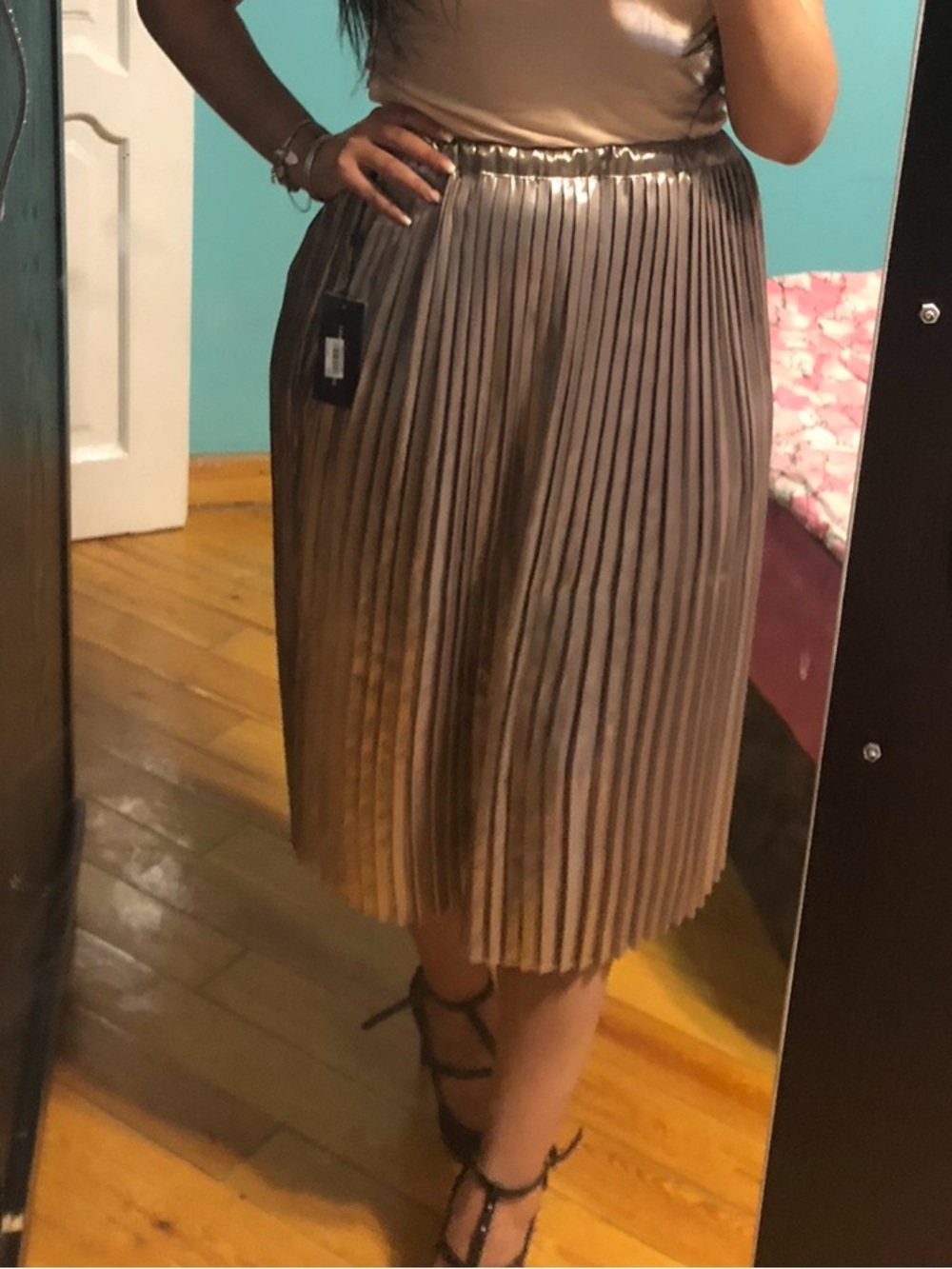 Tommy Hilfiger Metallic Pleated Midi Skirt in Silver